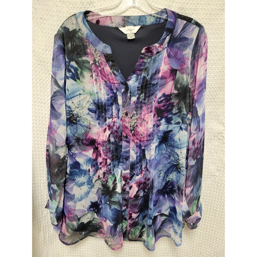 C JBanks Womans Sz XL Blouse Pin Tuck Pleats Long Sleeve Multi Color Sheer Lined